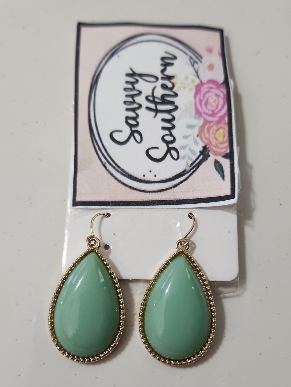 Mint Teardrop Gold-Trim Earrings
